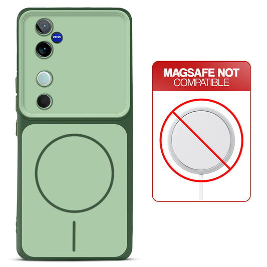 Dual tone silicone Green phone cover for Vivo V40 5G showing wireless charging not supported notice