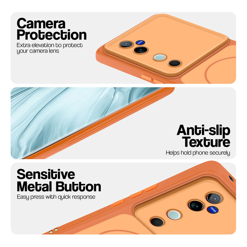 Orange Phone case for Vivo V40 5G highlighting raised camera protection, anti-slip texture, and responsive side buttons