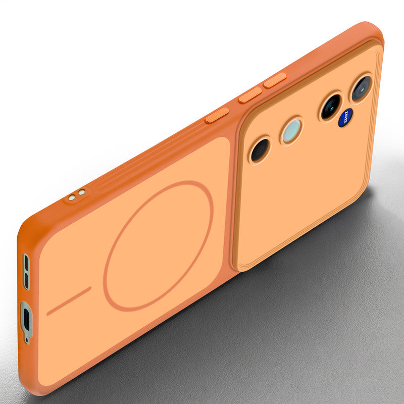 Slim silicone Orange phone case for Vivo V40 Pro 5G side angle view showing grip texture and precise cutouts