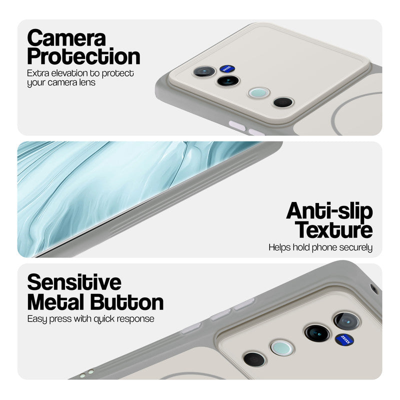 White Phone case for Vivo V40 5G highlighting raised camera protection, anti-slip texture, and responsive side buttons