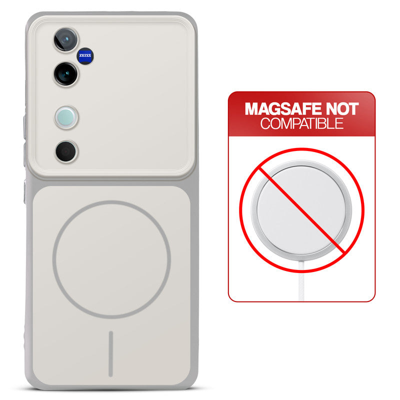 Dual tone silicone White phone cover for Vivo V40 Pro 5G showing wireless charging not supported notice