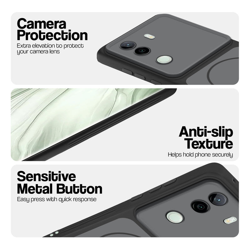 Black Phone case for Vivo V40e 5G highlighting raised camera protection, anti-slip texture, and responsive side buttons