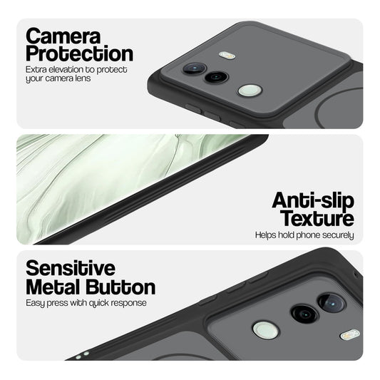 Black Phone case for Vivo V40e 5G highlighting raised camera protection, anti-slip texture, and responsive side buttons