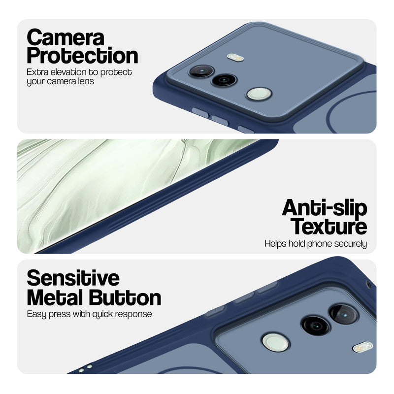 Blue Phone case for Vivo V40e 5G highlighting raised camera protection, anti-slip texture, and responsive side buttons