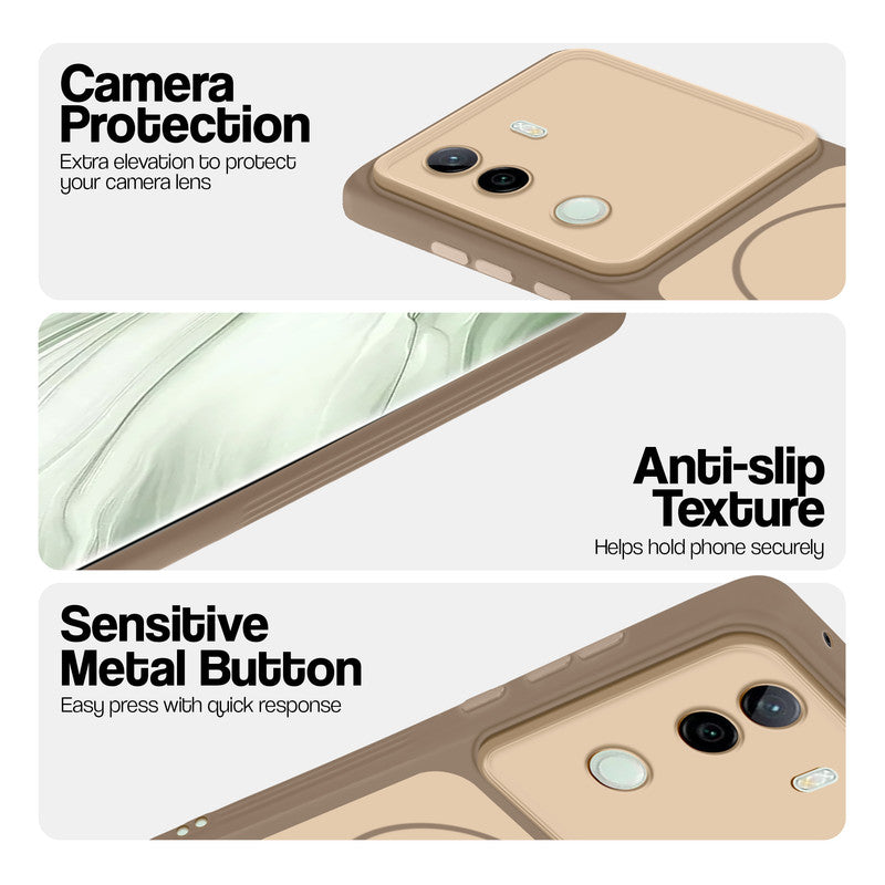 Brown Phone case for Vivo V40e 5G highlighting raised camera protection, anti-slip texture, and responsive side buttons