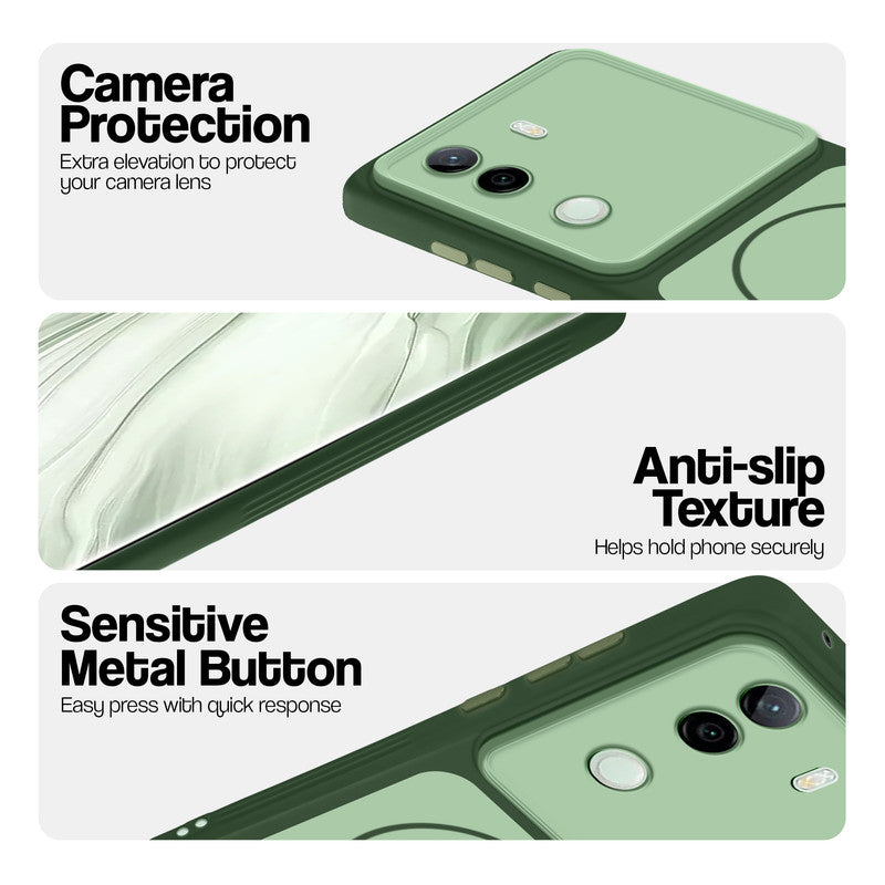 Green Phone case for Vivo V40e 5G highlighting raised camera protection, anti-slip texture, and responsive side buttons
