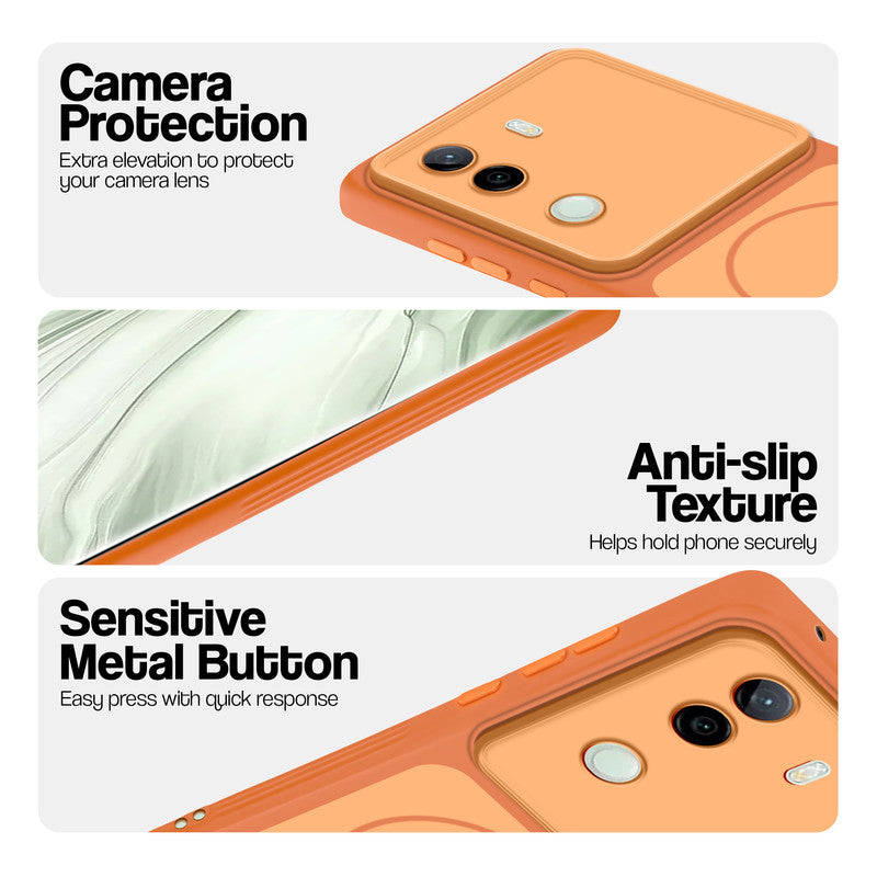Orange Phone case for Vivo V40e 5G highlighting raised camera protection, anti-slip texture, and responsive side buttons