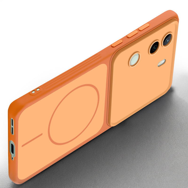Slim silicone Orange phone case for Vivo V40e 5G side angle view showing grip texture and precise cutouts