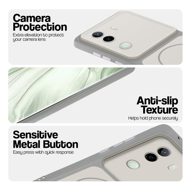 White Phone case for Vivo V40e 5G highlighting raised camera protection, anti-slip texture, and responsive side buttons