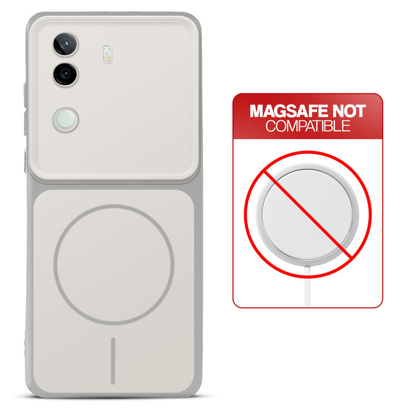 Dual tone silicone White phone cover for Vivo V40e 5G showing wireless charging not supported notice