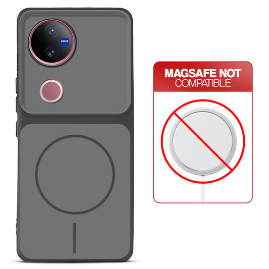 Dual tone silicone Black phone cover for Vivo V50 5G showing wireless charging not supported notice