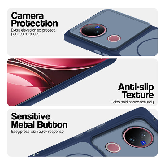 Blue Phone case for Vivo V50 5G highlighting raised camera protection, anti-slip texture, and responsive side buttons