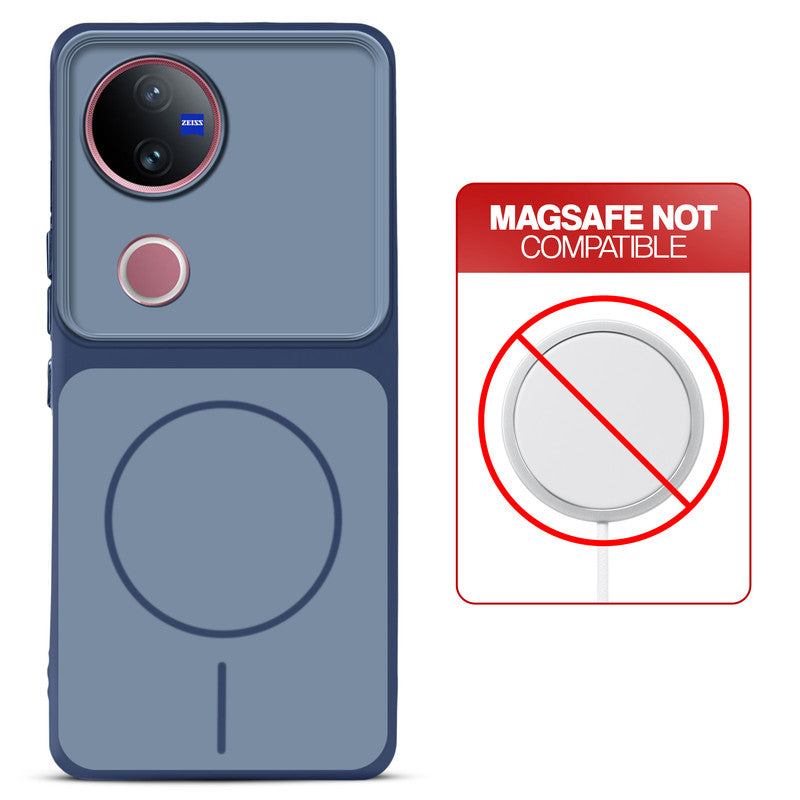 Dual tone silicone Blue phone cover for Vivo V50 5G showing wireless charging not supported notice