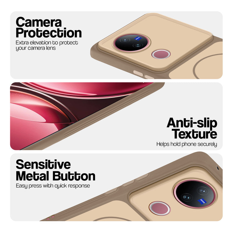 Brown Phone case for Vivo V50 5G highlighting raised camera protection, anti-slip texture, and responsive side buttons