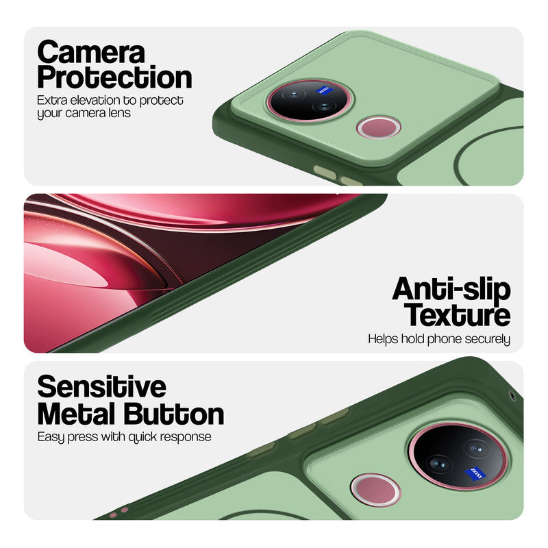 Green Phone case for Vivo V50 5G highlighting raised camera protection, anti-slip texture, and responsive side buttons