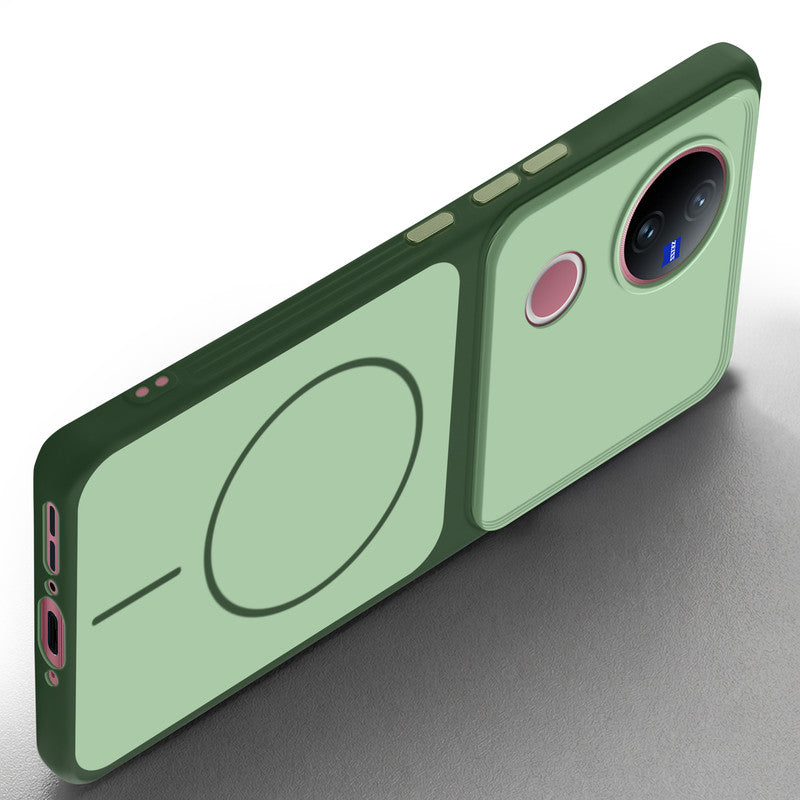 Slim silicone Green phone case for Vivo V50 5G side angle view showing grip texture and precise cutouts