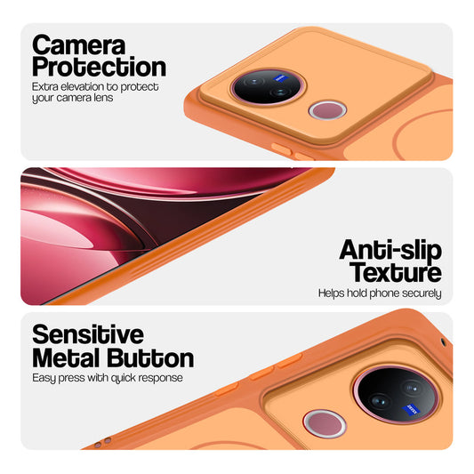 Orange Phone case for Vivo V50 5G highlighting raised camera protection, anti-slip texture, and responsive side buttons