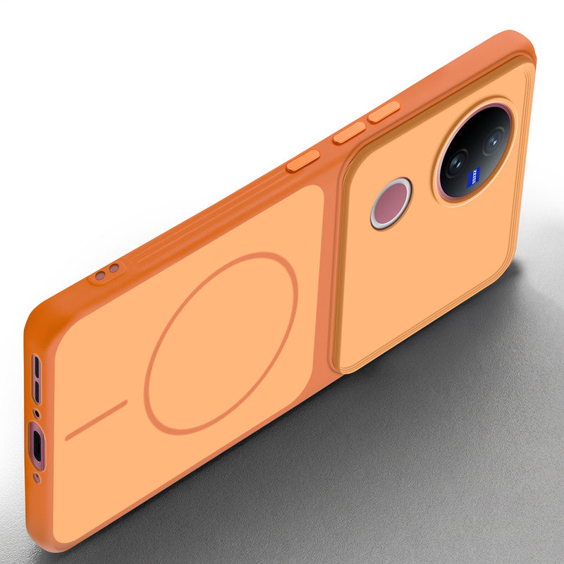 Slim silicone Orange phone case for Vivo V50 5G side angle view showing grip texture and precise cutouts