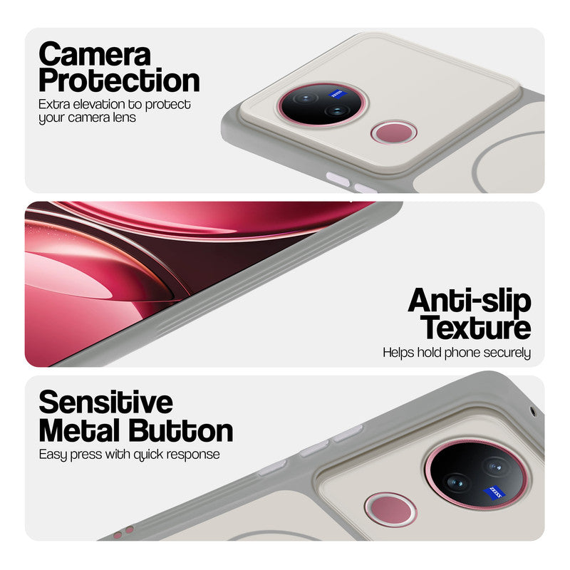 White Phone case for Vivo V50 5G highlighting raised camera protection, anti-slip texture, and responsive side buttons