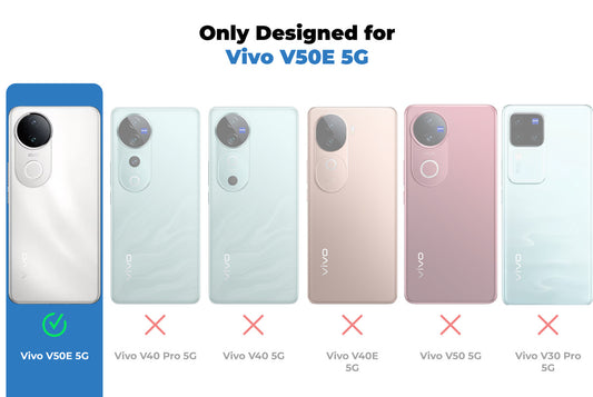 Clear hard back case compatibility guide showing fit for Vivo V50e 5G and not compatible with other models