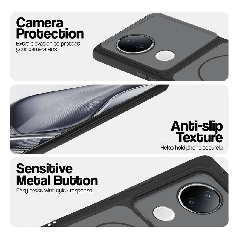 Black Phone case for Vivo V50e 5G highlighting raised camera protection, anti-slip texture, and responsive side buttons