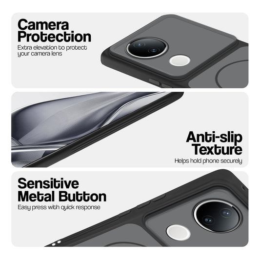 Black Phone case for Vivo V50e 5G highlighting raised camera protection, anti-slip texture, and responsive side buttons