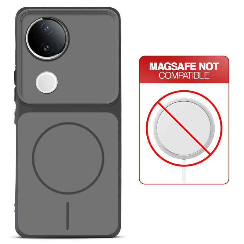 Dual tone silicone Black phone cover for Vivo V50e 5G showing wireless charging not supported notice