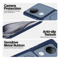Blue Phone case for Vivo V50e 5G highlighting raised camera protection, anti-slip texture, and responsive side buttons