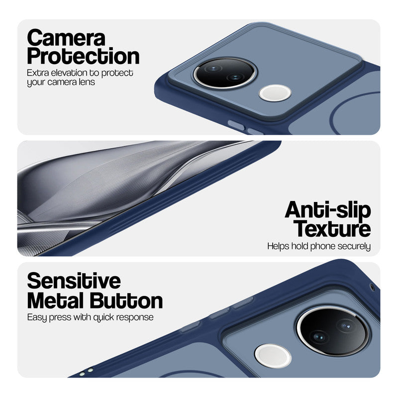 Blue Phone case for Vivo V50e 5G highlighting raised camera protection, anti-slip texture, and responsive side buttons
