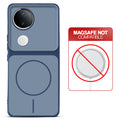 Dual tone silicone Blue phone cover for Vivo V50e 5G showing wireless charging not supported notice