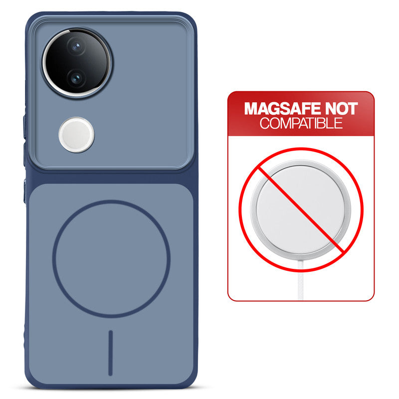 Dual tone silicone Blue phone cover for Vivo V50e 5G showing wireless charging not supported notice