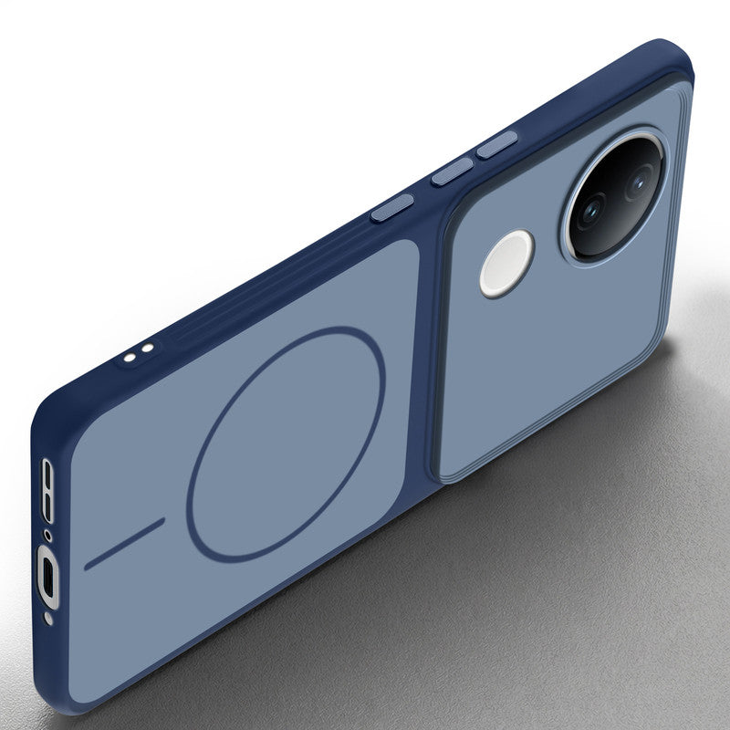 Slim silicone Blue phone case for Vivo V50e 5G side angle view showing grip texture and precise cutouts