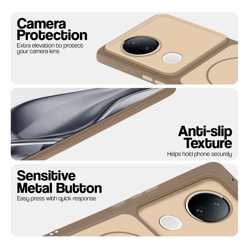 Brown Phone case for Vivo V50e 5G highlighting raised camera protection, anti-slip texture, and responsive side buttons