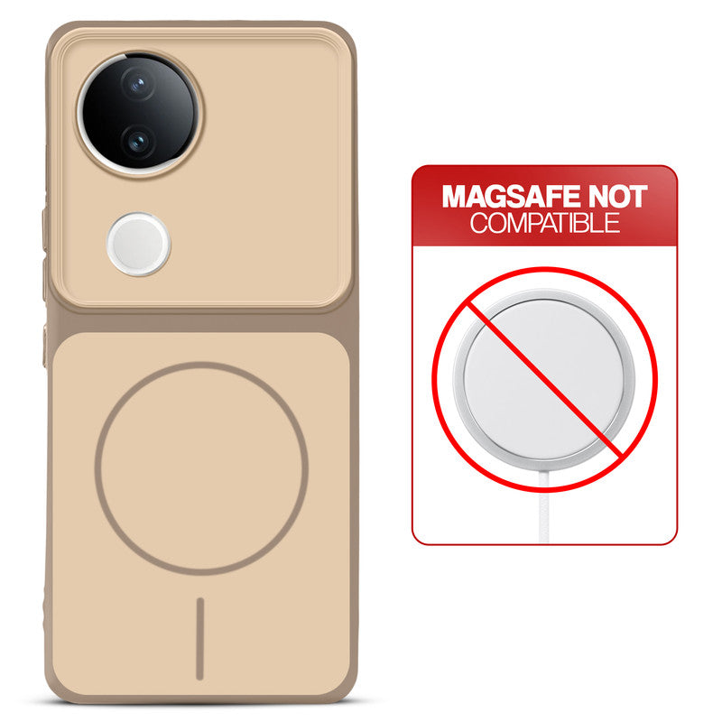 Dual tone silicone Brown phone cover for Vivo V50e 5G showing wireless charging not supported notice