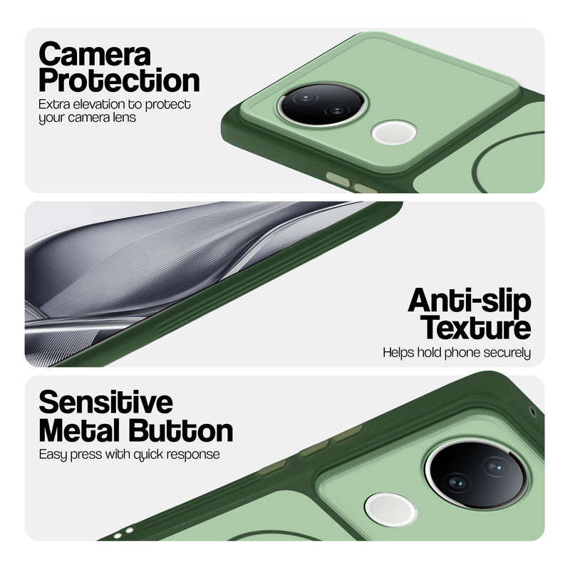 Green Phone case for Vivo V50e 5G highlighting raised camera protection, anti-slip texture, and responsive side buttons