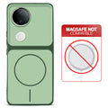 Dual tone silicone Green phone cover for Vivo V50e 5G showing wireless charging not supported notice