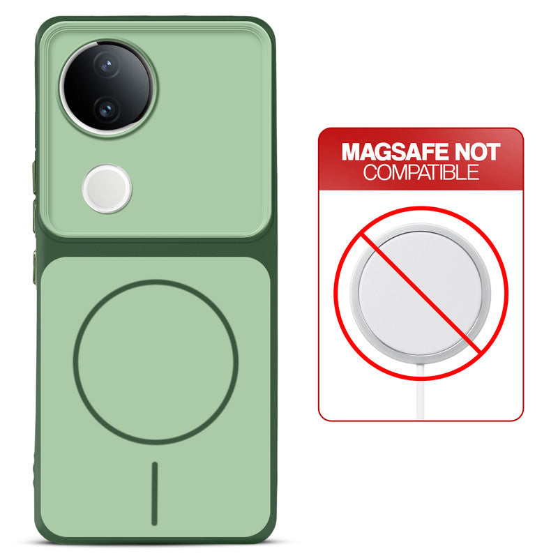 Dual tone silicone Green phone cover for Vivo V50e 5G showing wireless charging not supported notice