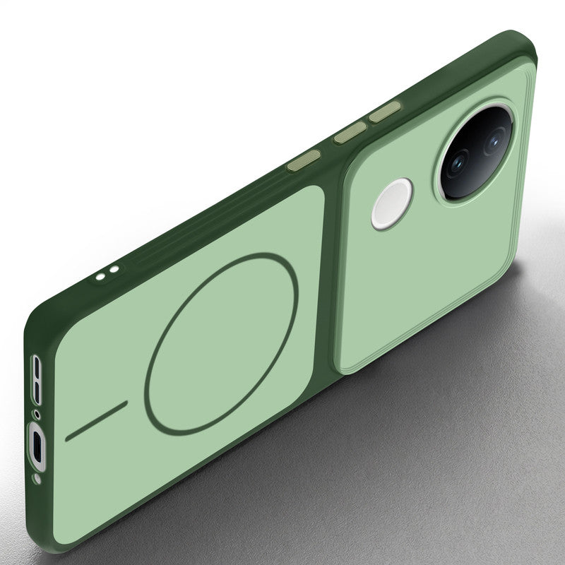 Slim silicone Green phone case for Vivo V50e 5G side angle view showing grip texture and precise cutouts