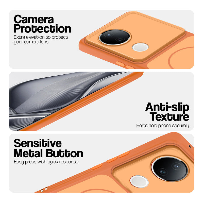 Orange Phone case for Vivo V50e 5G highlighting raised camera protection, anti-slip texture, and responsive side buttons