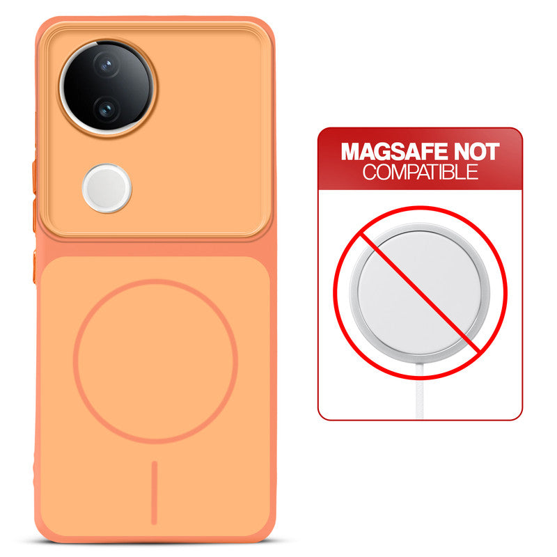 Dual tone silicone Orange phone cover for Vivo V50e 5G showing wireless charging not supported notice