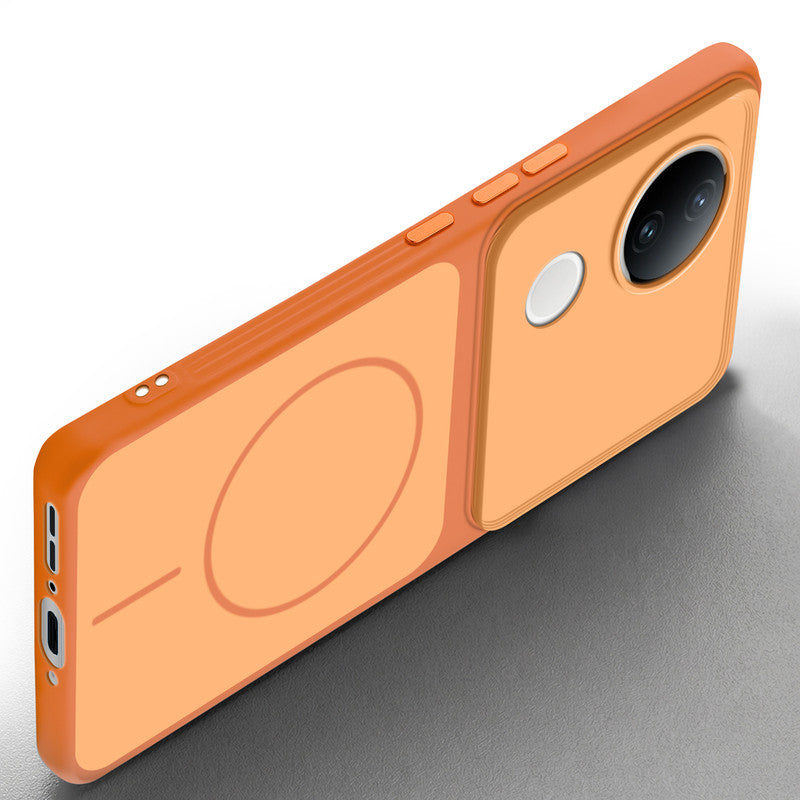 Slim silicone Orange phone case for Vivo V50e 5G side angle view showing grip texture and precise cutouts