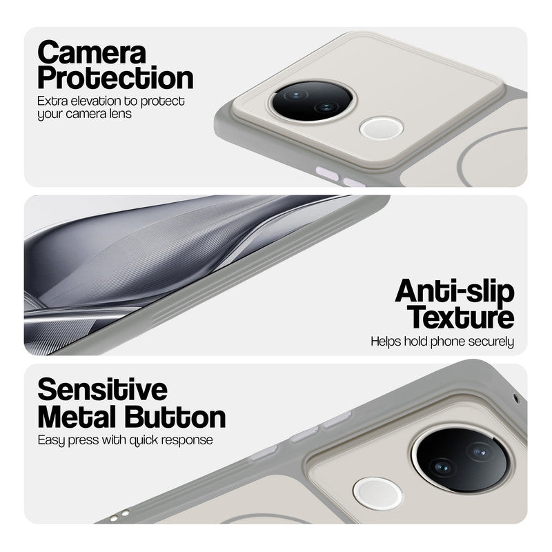 White Phone case for Vivo V50e 5G highlighting raised camera protection, anti-slip texture, and responsive side buttons