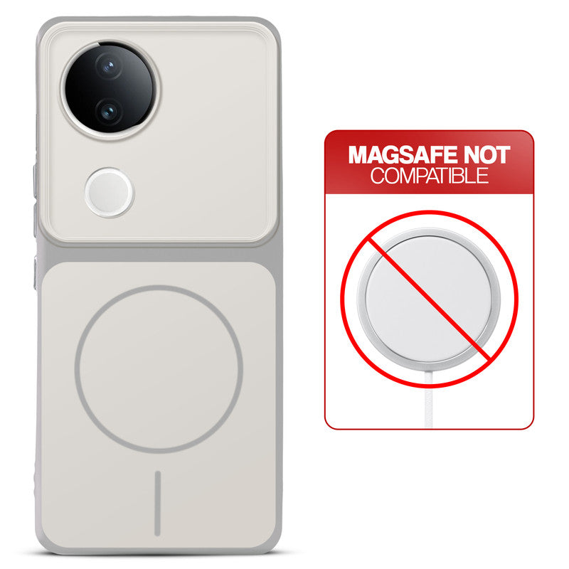 Dual tone silicone White phone cover for Vivo V50e 5G showing wireless charging not supported notice