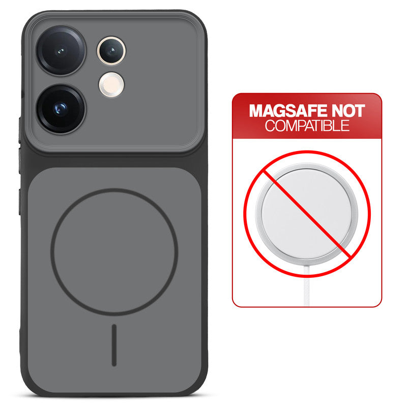 Dual tone silicone Black phone cover for Vivo V60 5G showing wireless charging not supported notice