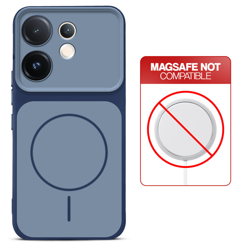 Dual tone silicone Blue phone cover for Vivo V60 5G showing wireless charging not supported notice