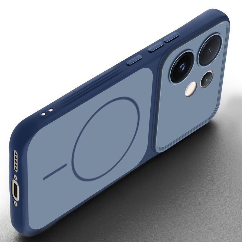 Slim silicone Blue phone case for Vivo V60 5G side angle view showing grip texture and precise cutouts
