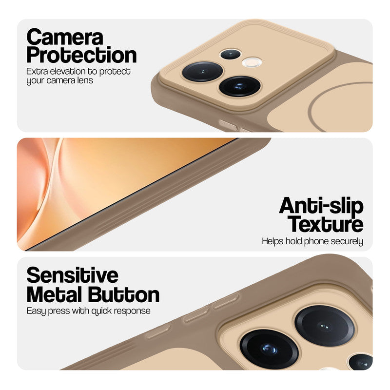 Brown Phone case for Vivo V60 5G highlighting raised camera protection, anti-slip texture, and responsive side buttons