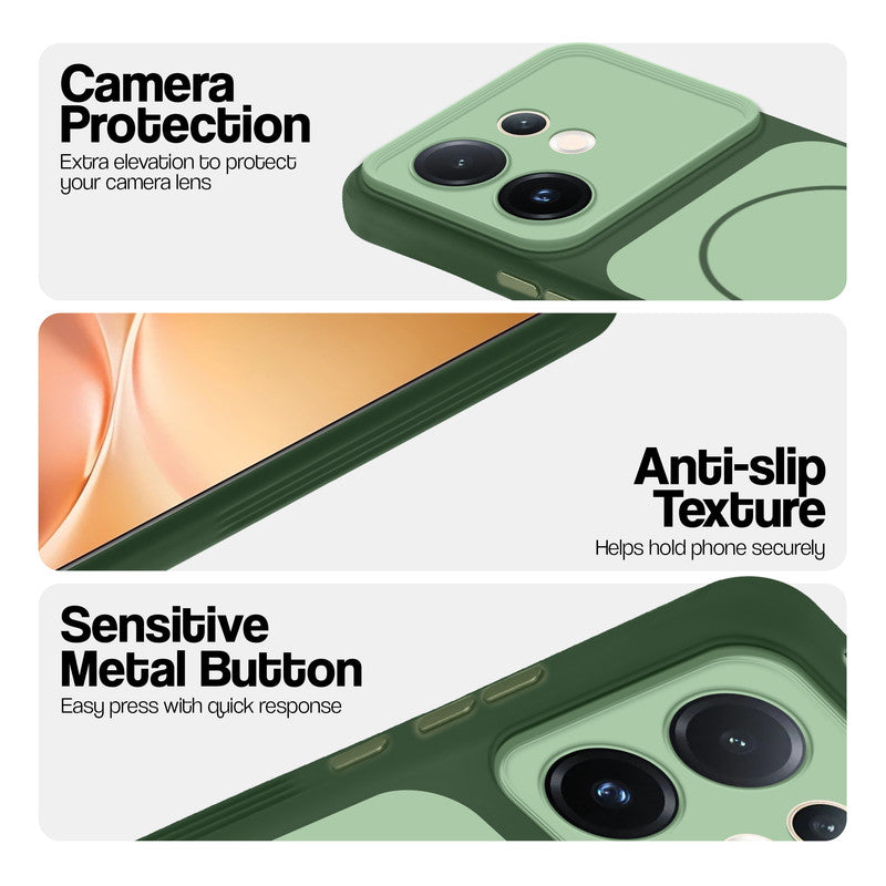 Green Phone case for Vivo V60 5G highlighting raised camera protection, anti-slip texture, and responsive side buttons