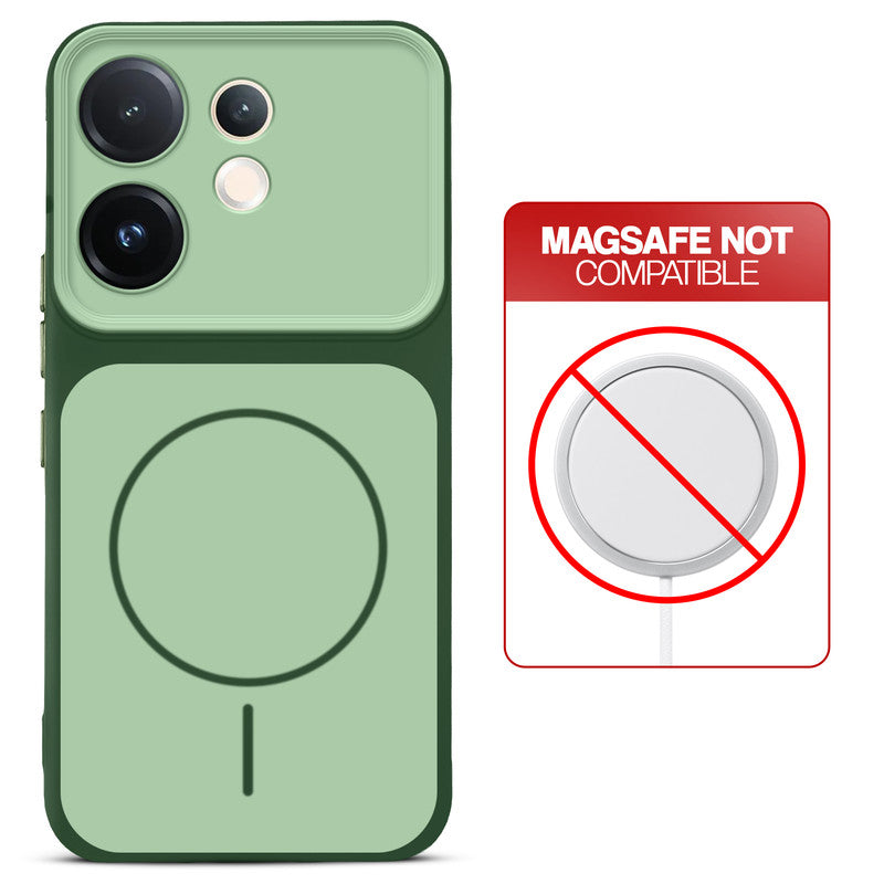 Dual tone silicone Green phone cover for Vivo V60 5G showing wireless charging not supported notice