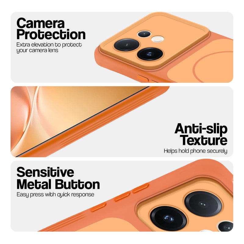 Orange Phone case for Vivo V60 5G highlighting raised camera protection, anti-slip texture, and responsive side buttons